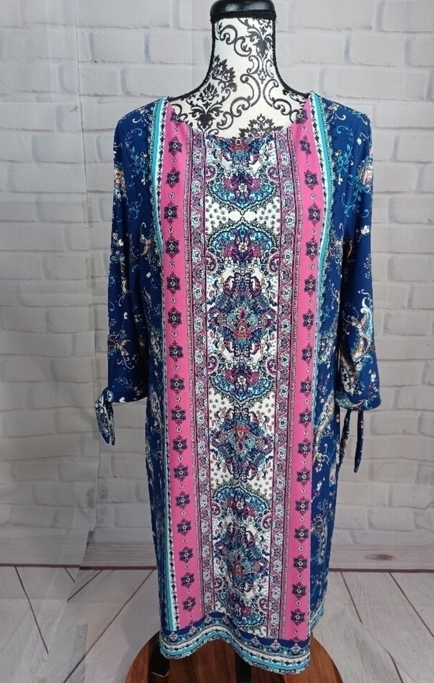 chico's womens long sleeve stretch knit tie wrist sz 2p dress paisley print b29